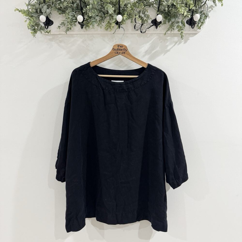Bryn Walker Black Tencel Flowy Casual Long Sleeve lagenlook Blouse Sz L boxy